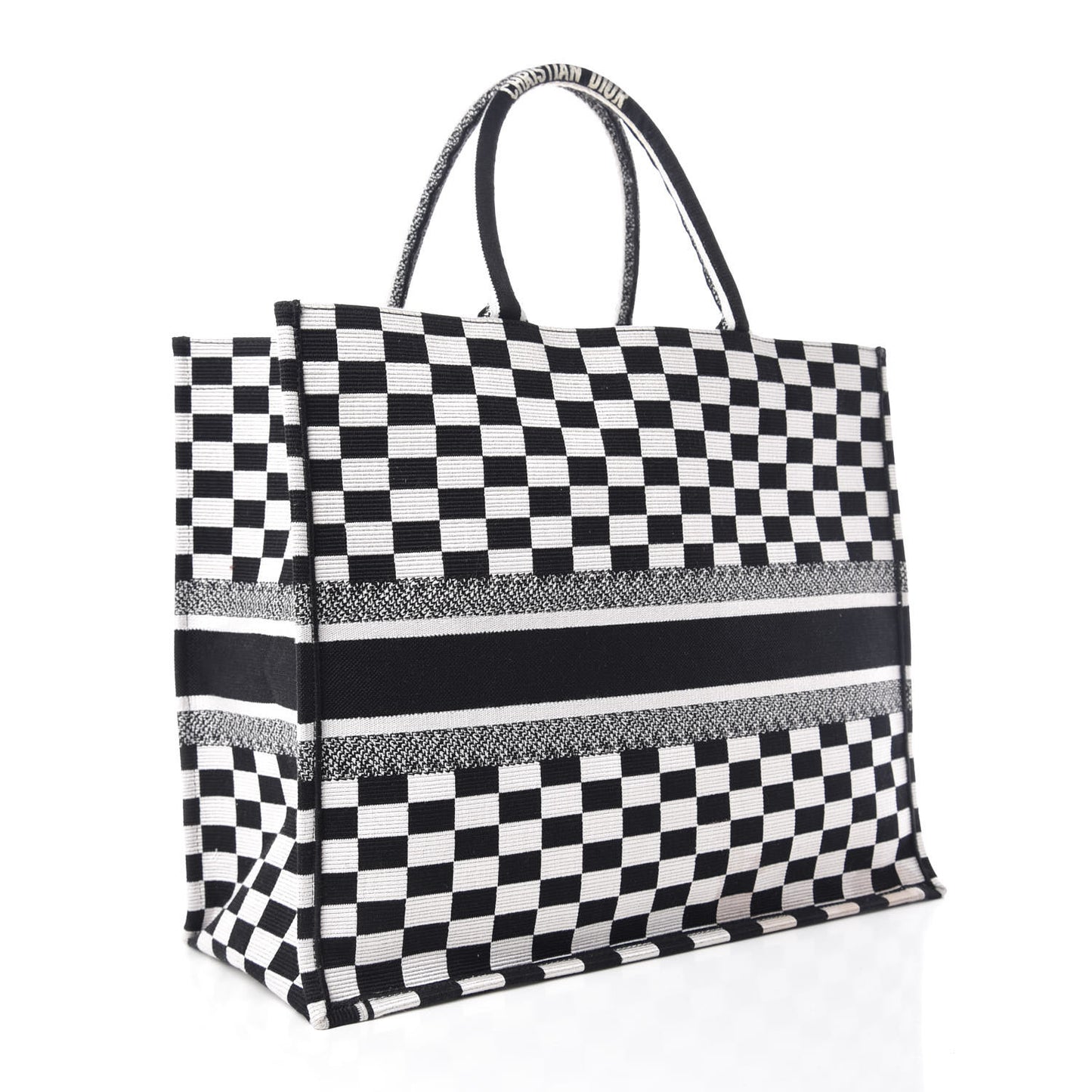 Canvas Embroidered Checkered Book Tote Black White