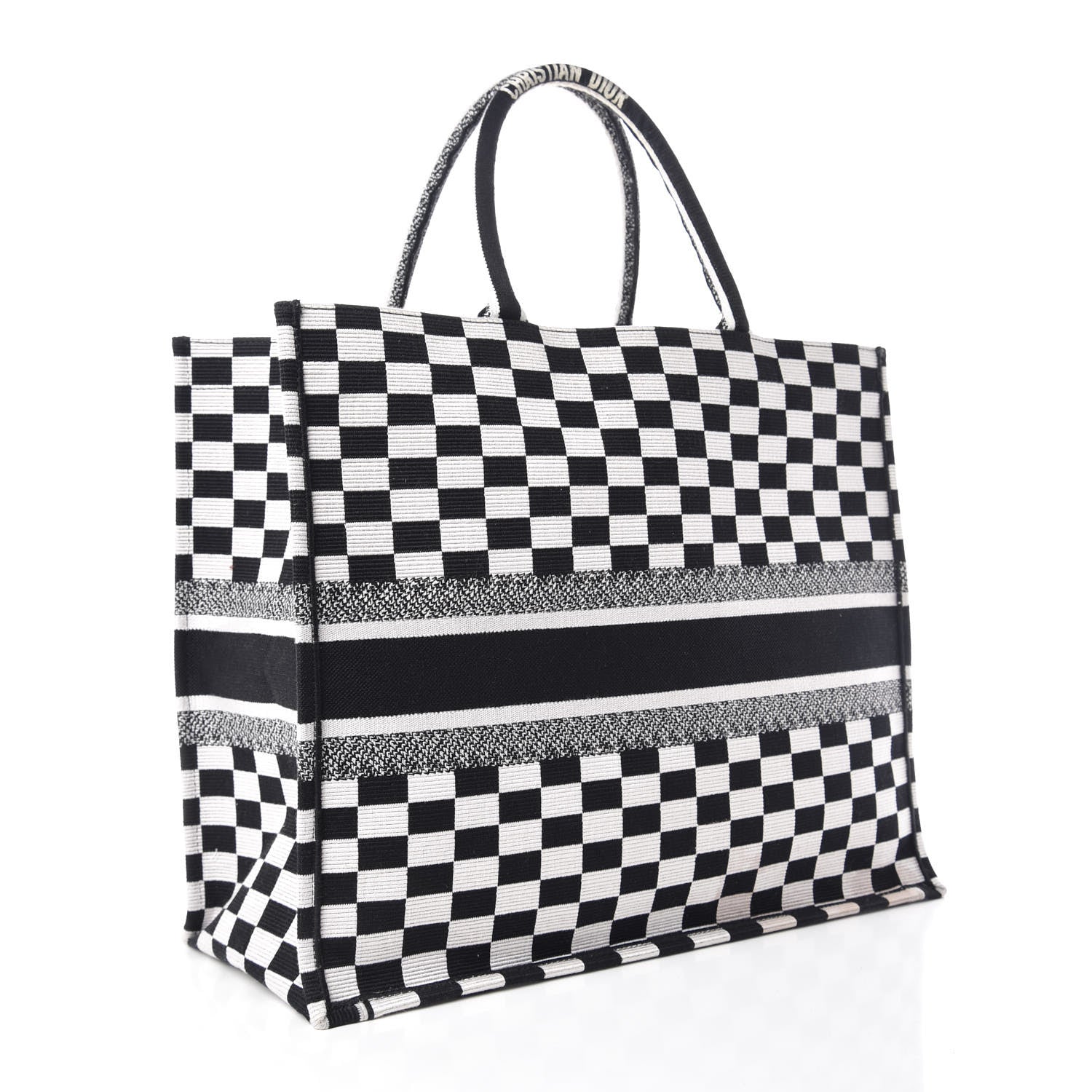 Christian Dior Canvas Embroidered Checkered Book Tote Black White 3 of 11