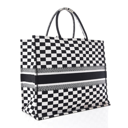 Christian Dior Canvas Embroidered Checkered Book Tote Black White 3 of 11