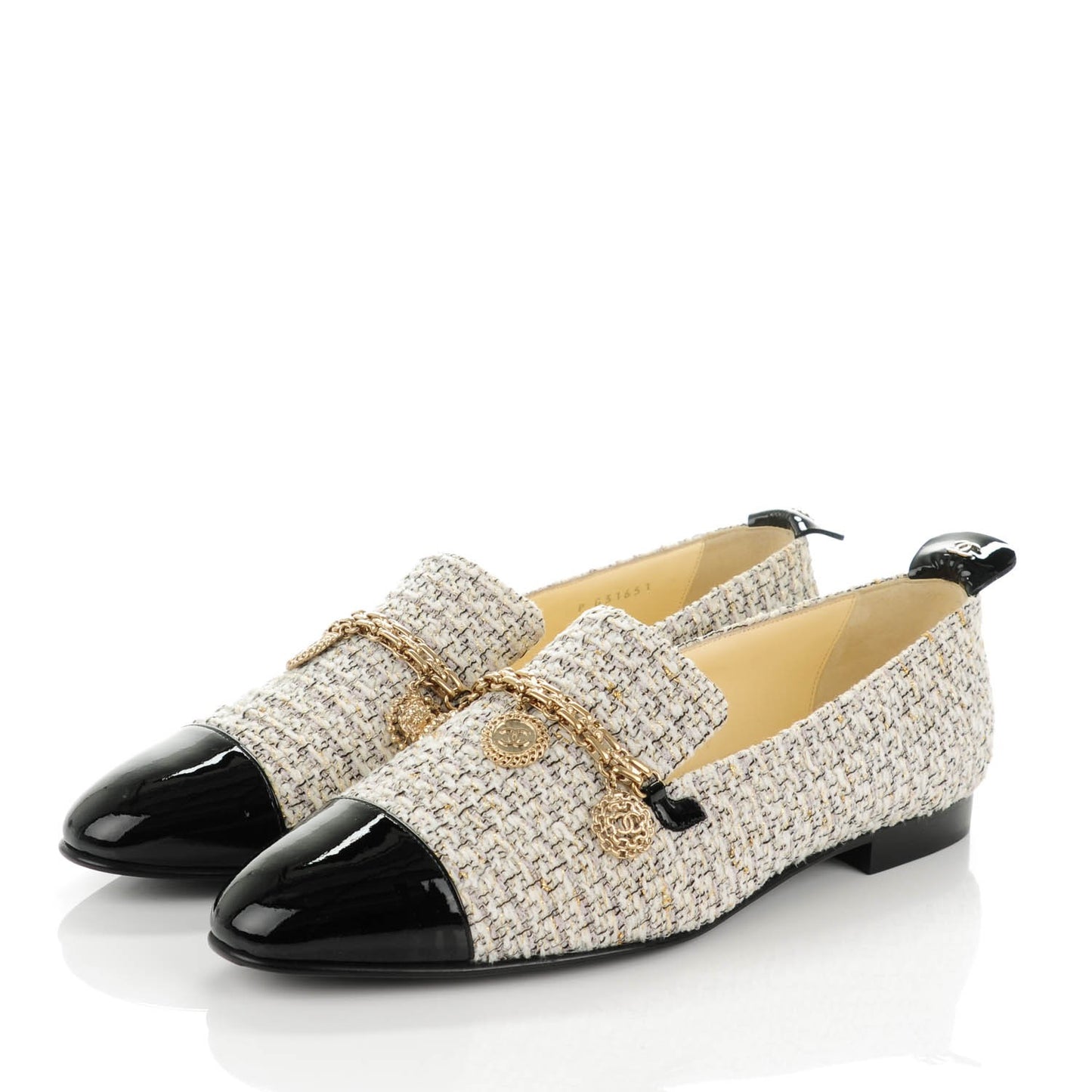 Tweed Patent Cap Toe Charm Loafers 39.5 Ecru Black Gold