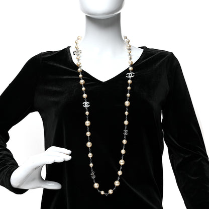 Chanel Graduated Pearl Crystal CC Long Necklace Silver 2 of 5