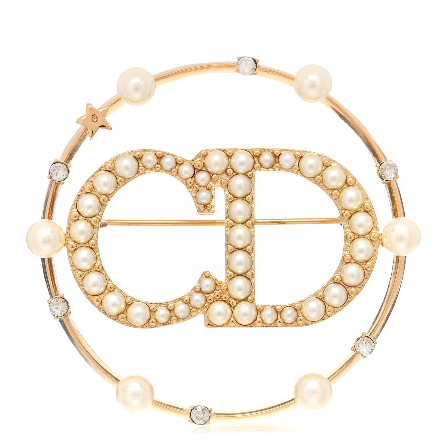 Christian Dior Crystal Pearl Clair D Lune Brooch Gold 1 of 5