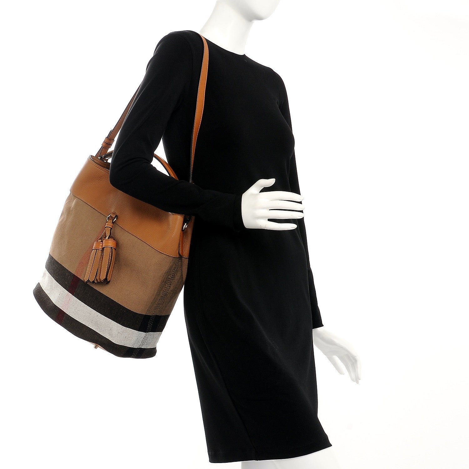 Burberry Grainy Calfskin Canvas Mega Check Medium Ashby Tassel Hobo Saddle Brown 2 of 9