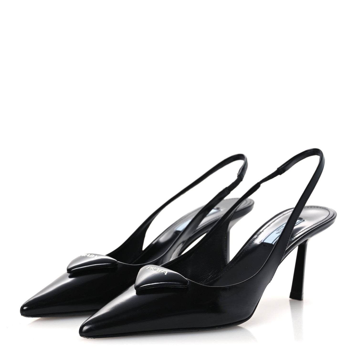 Prada Spazzolato Triangle Logo Pointed Toe 75mm Slingback Pumps 36.5 Black 4 of 10