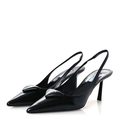 Prada Spazzolato Triangle Logo Pointed Toe 75mm Slingback Pumps 36.5 Black 4 of 10