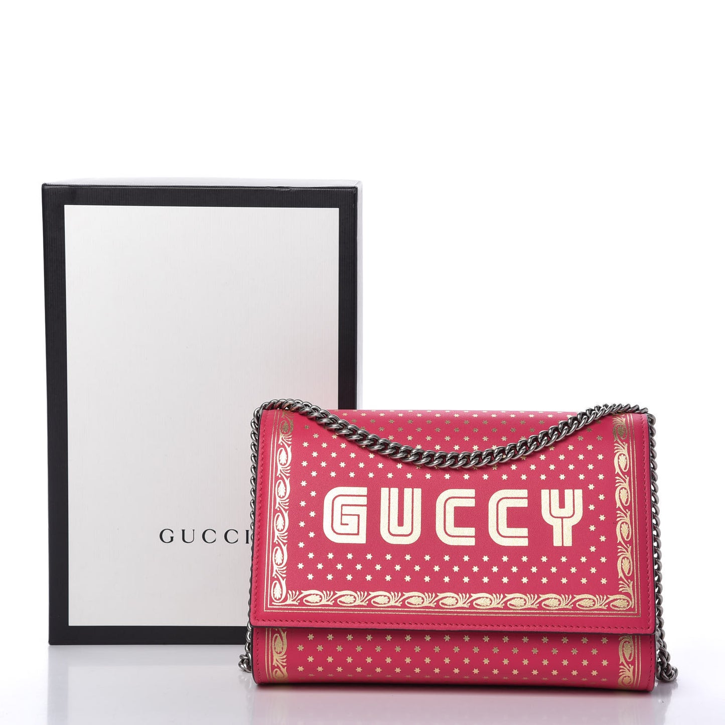 X SEGA Calfskin GUCCY Stars Chain Wallet Violet Fuxia Gold