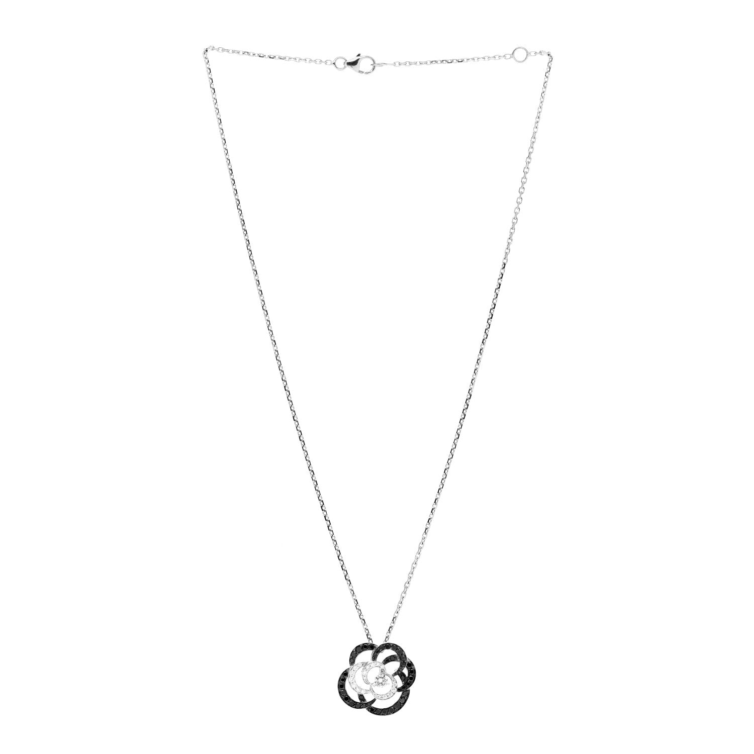 Chanel 18K White Gold Diamond Black Diamond Small Camelia Pendant Necklace 3 of 4