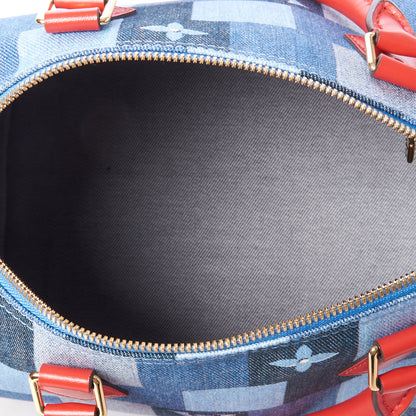 Louis Vuitton Denim Damier Monogram Patchwork Speedy Bandouliere 30 Blue Rouge 7 of 9