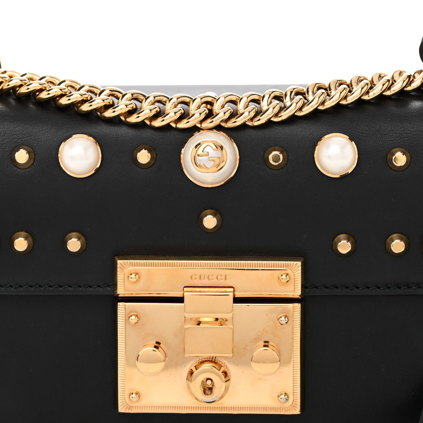 Calfskin Studded Small Padlock Shoulder Bag Black