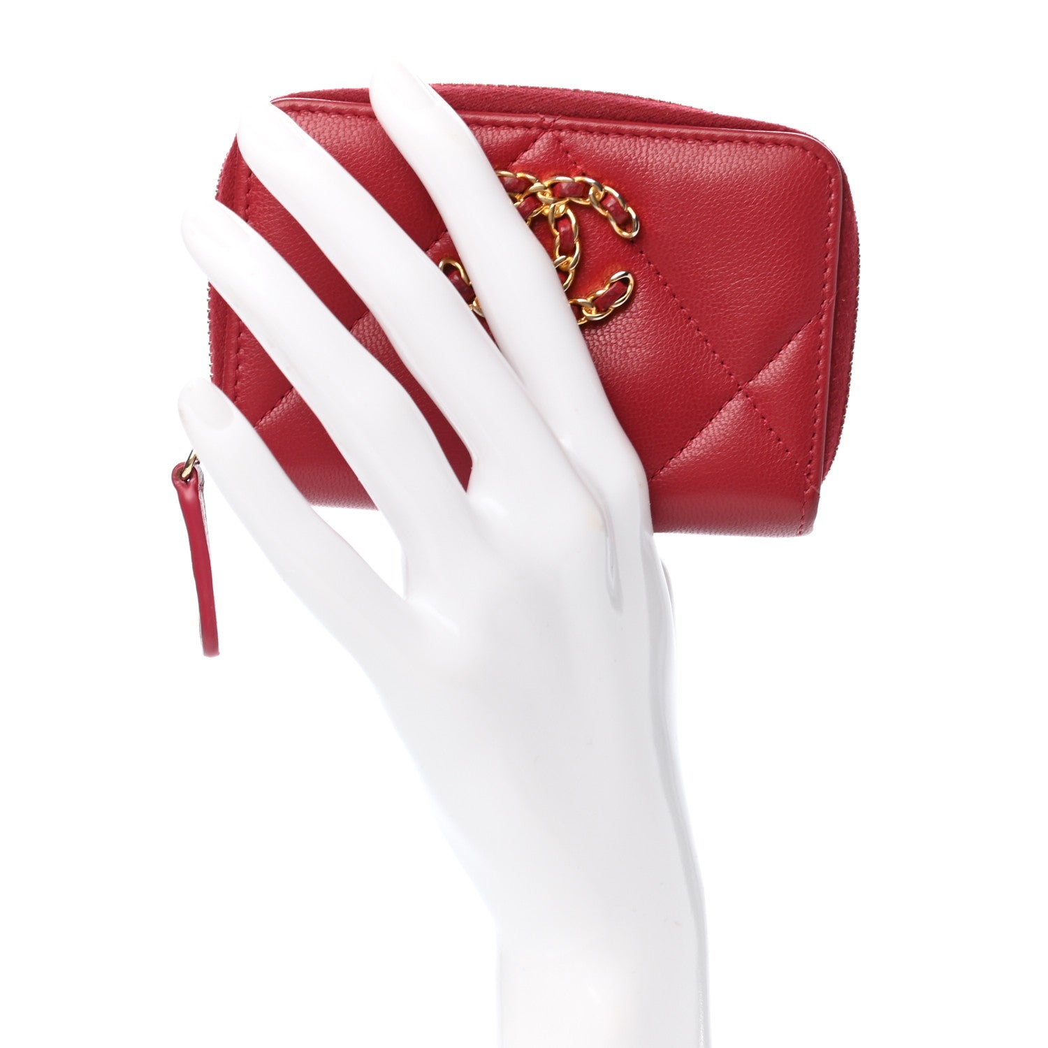 Chanel Goatskin Quilted Chanel 19 Zip Around Coin Purse Wallet Red 2 of 7