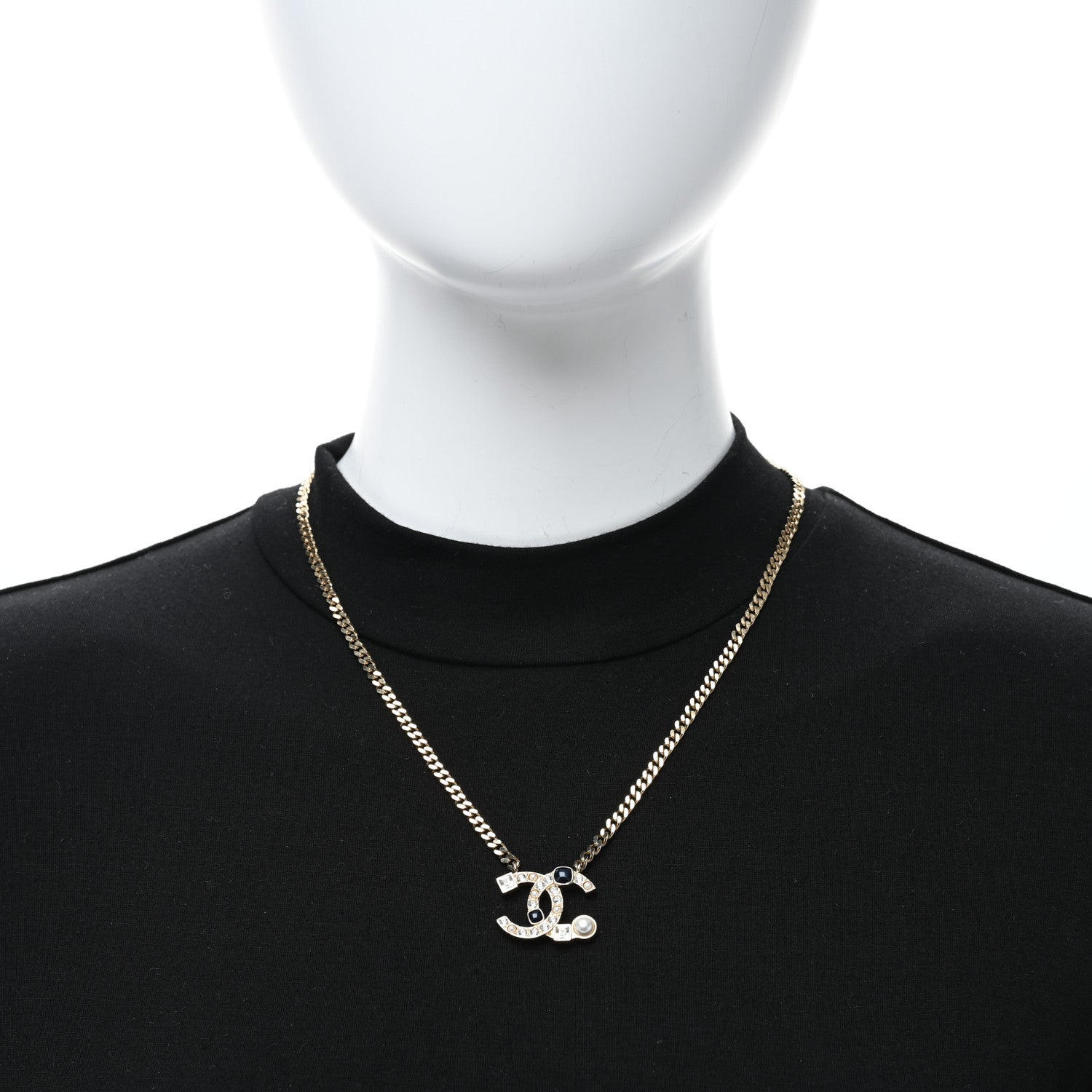 Chanel Crystal Pearl Resin CC Chain Necklace Gold Pearly White Black 3 of 4