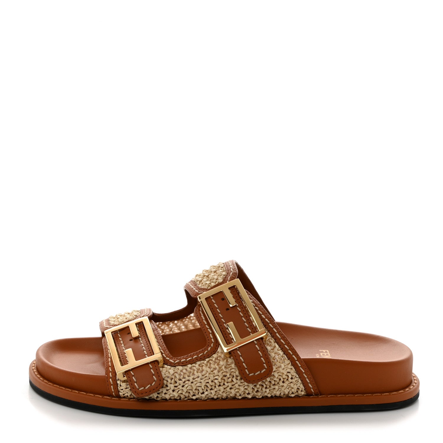 Fendi Raffia Vitello Womens Fendi Feel Buckled Slide Sandals 37.5 Paglia Brandy 1 of 8