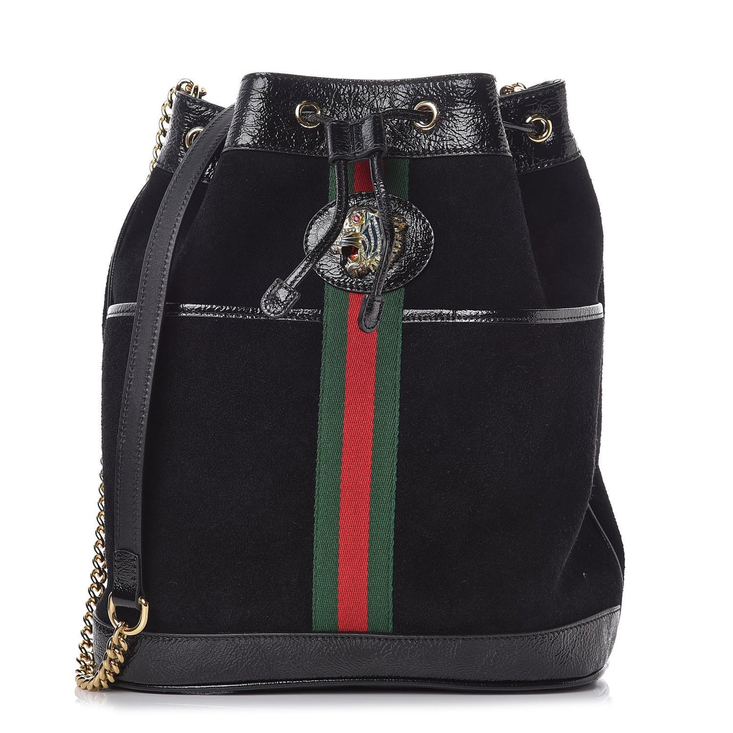 Suede Patent Web Medium Rajah Bucket Bag Black