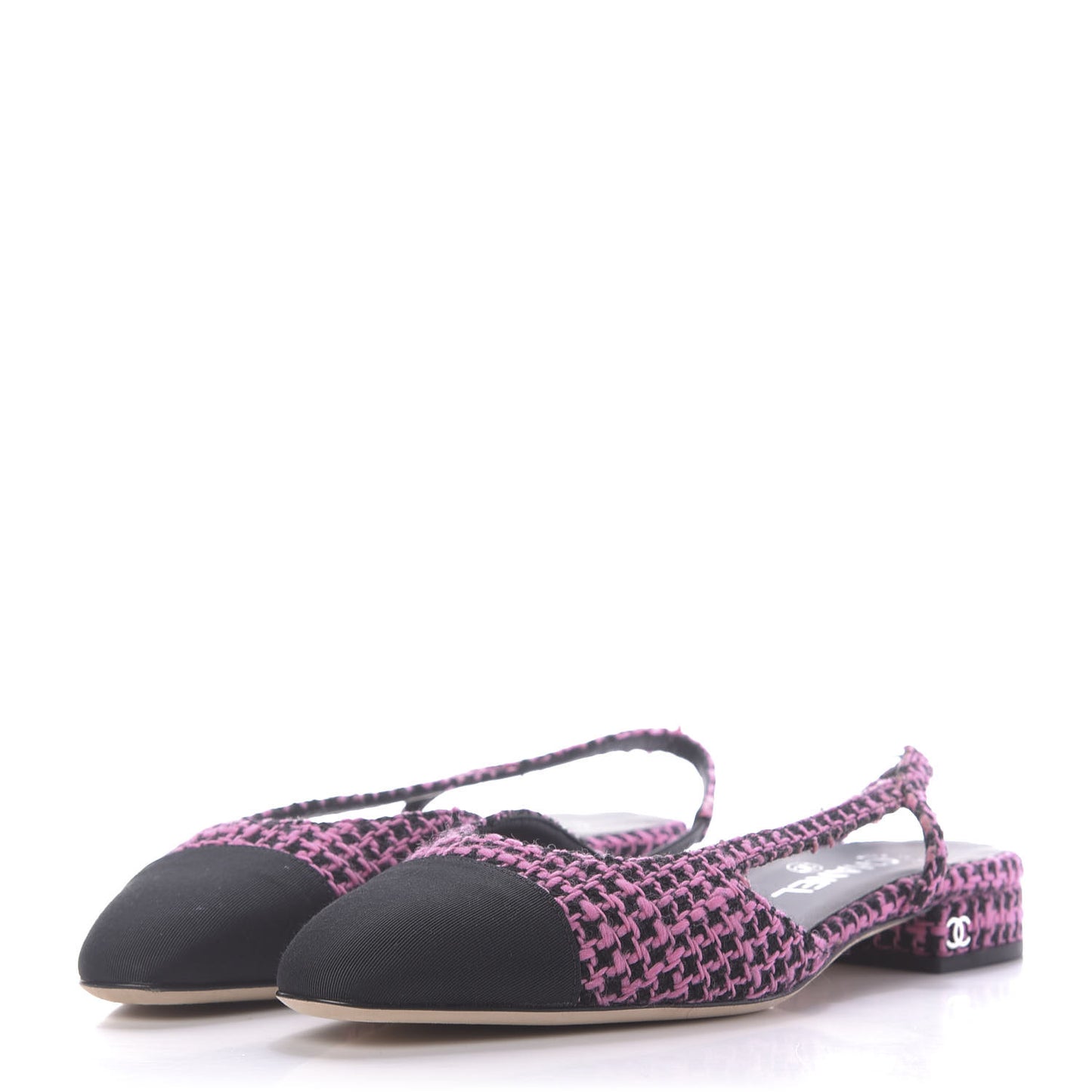 Tweed Grosgrain Cap Toe CC Slingback Flat 39 Pink Black