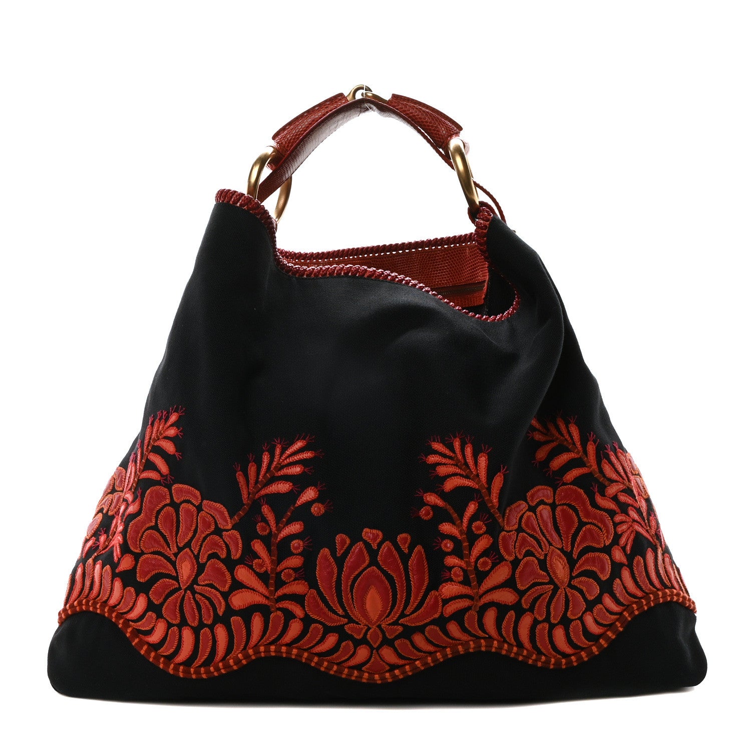 Gucci Lizard Canvas Embroidered Large Horsebit Chain Hobo Black Red 1 of 10