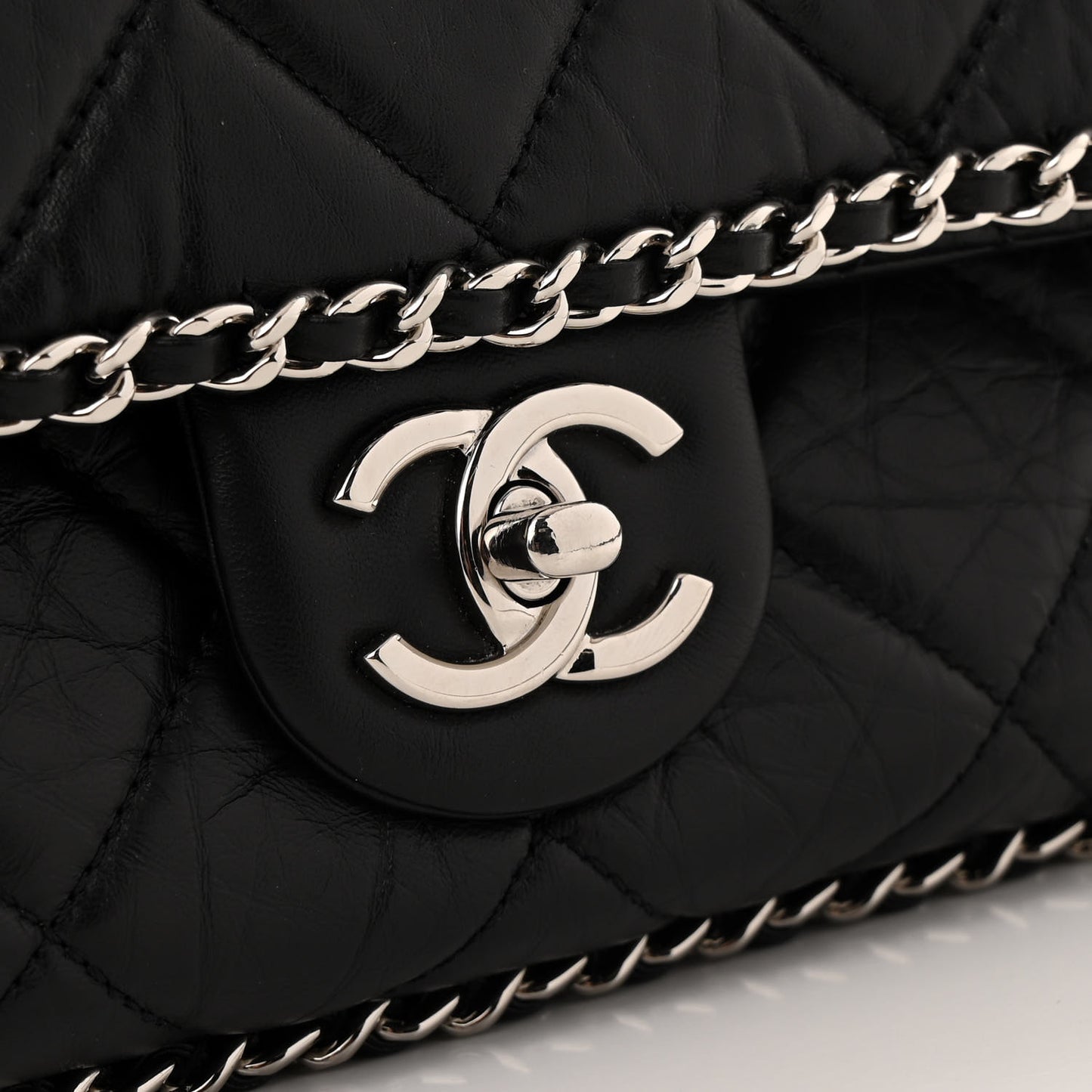 Crumpled Calfskin Quilted Large Chain All Over Flap Bag Black