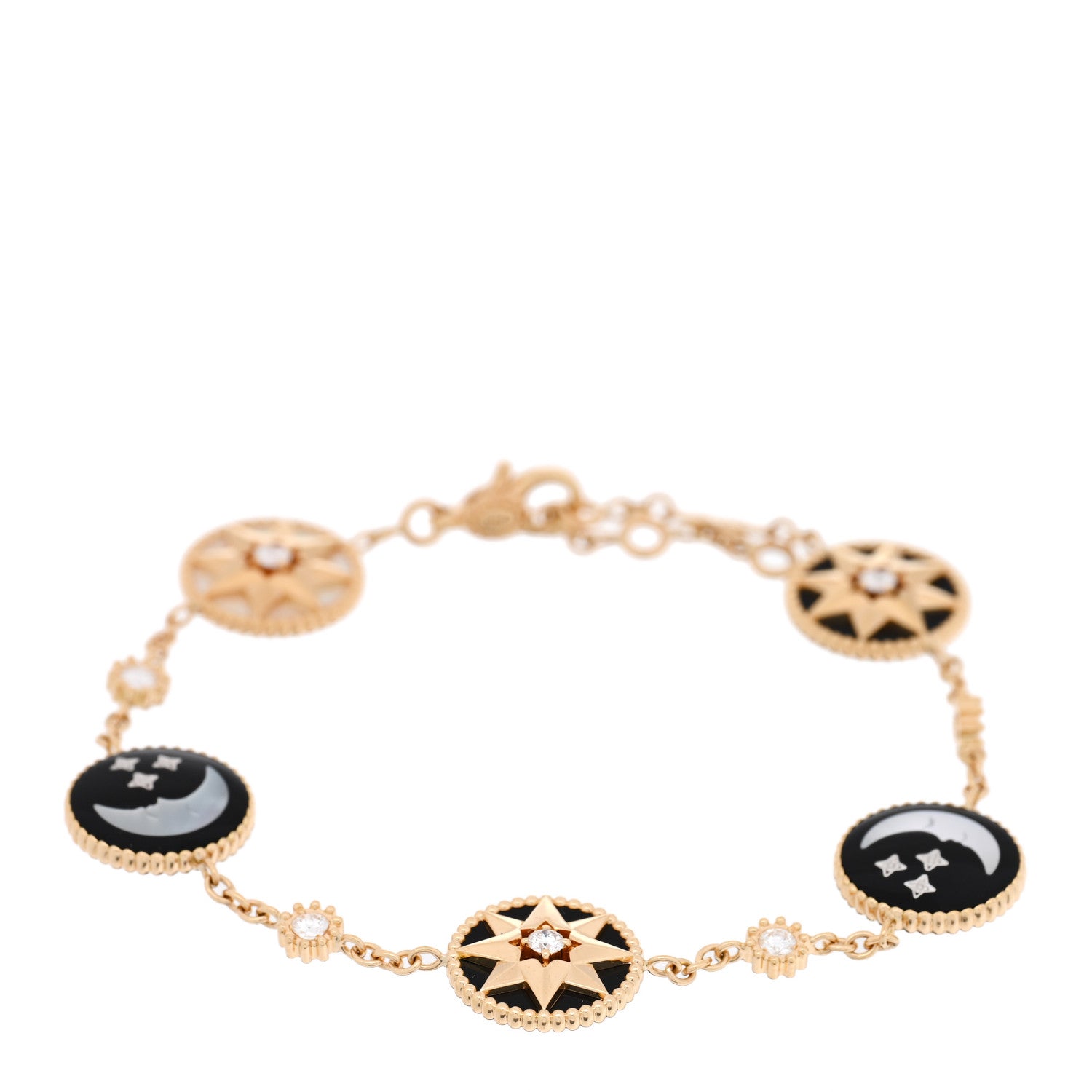 Christian Dior 18K Yellow Gold Diamond Mother of Pearl Black Onyx Rose Des Vents and Rose Celeste 5 Charm Bracelet 1 of 4