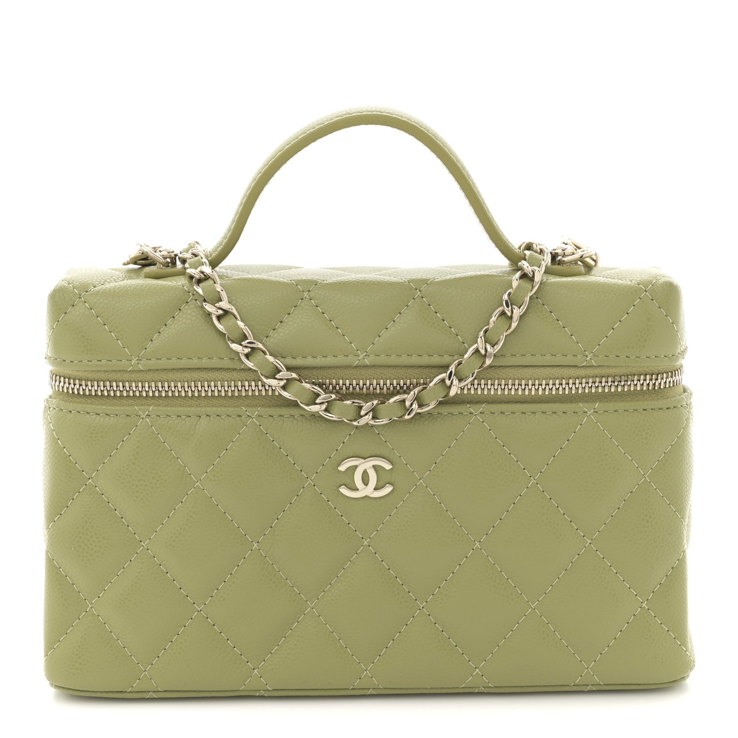 Caviar Quilted Top Handle Slim Vanity With Chain Khaki