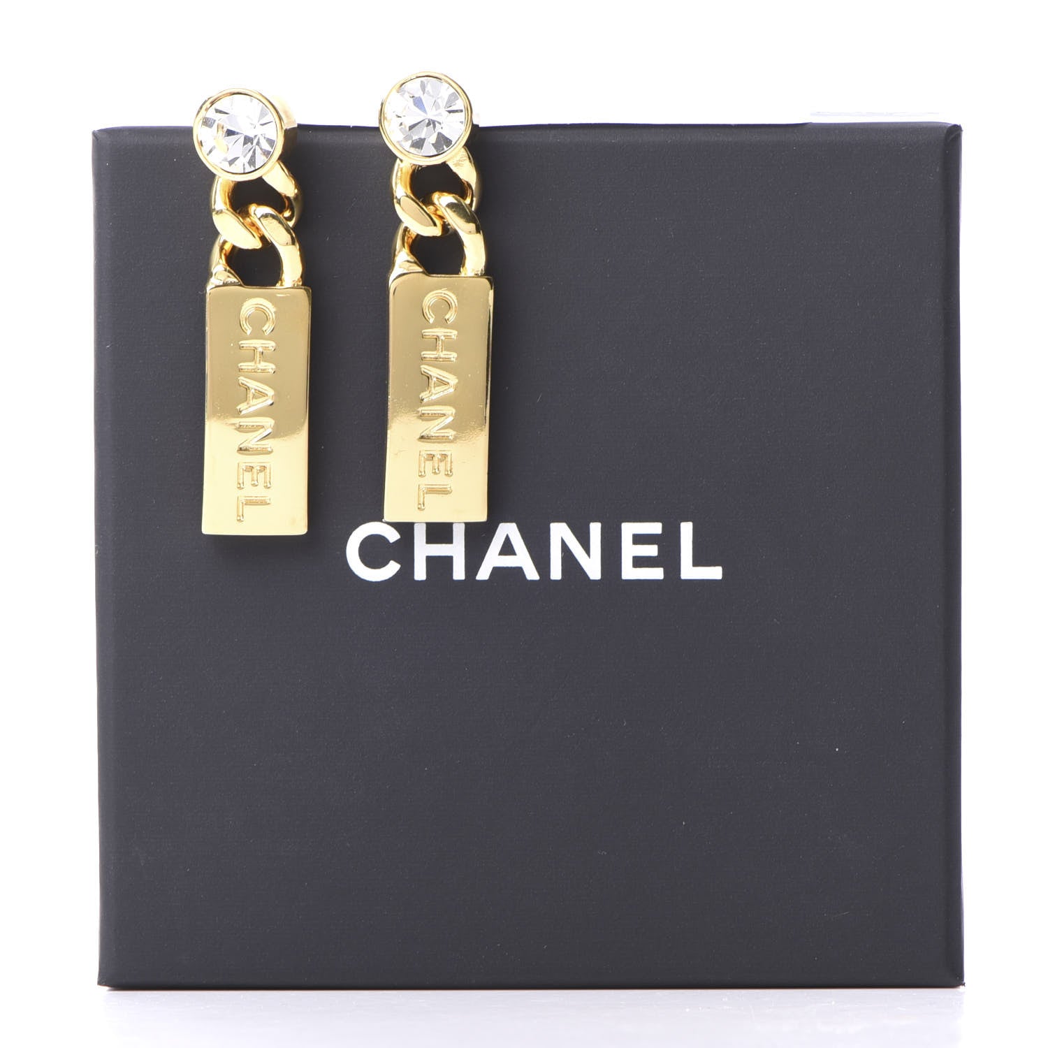 Chanel Crystal Tag Drop Earrings Gold 5 of 5
