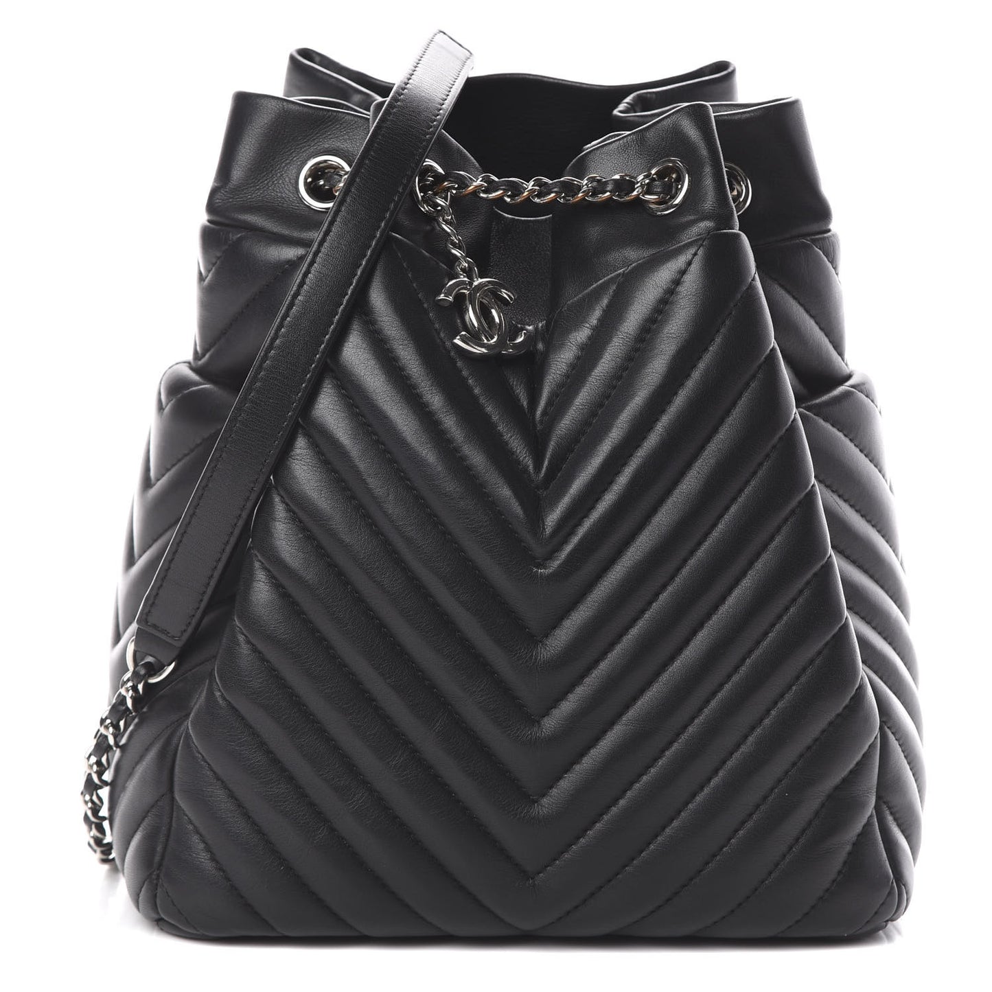 Lambskin Chevron Small Urban Spirit Drawstring Bag Black