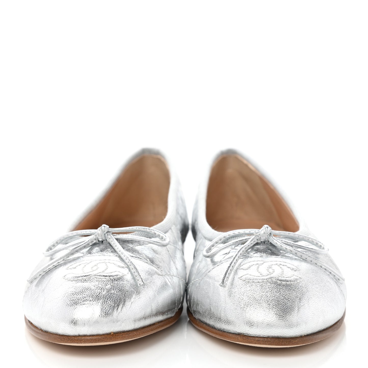 Metallic Aged Calfskin Quilted Cap Toe Ballerina Flats 37 Silver
