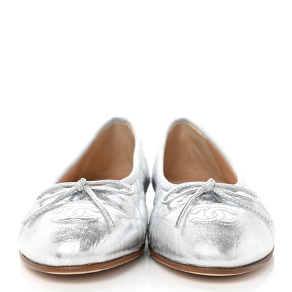 Chanel Metallic Aged Calfskin Quilted Cap Toe Ballerina Flats 37 Silver 2 of 9