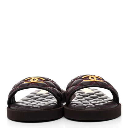Chanel Lambskin Quilted Textured CC Mules Sandals 36.5 Burgundy 2 of 9