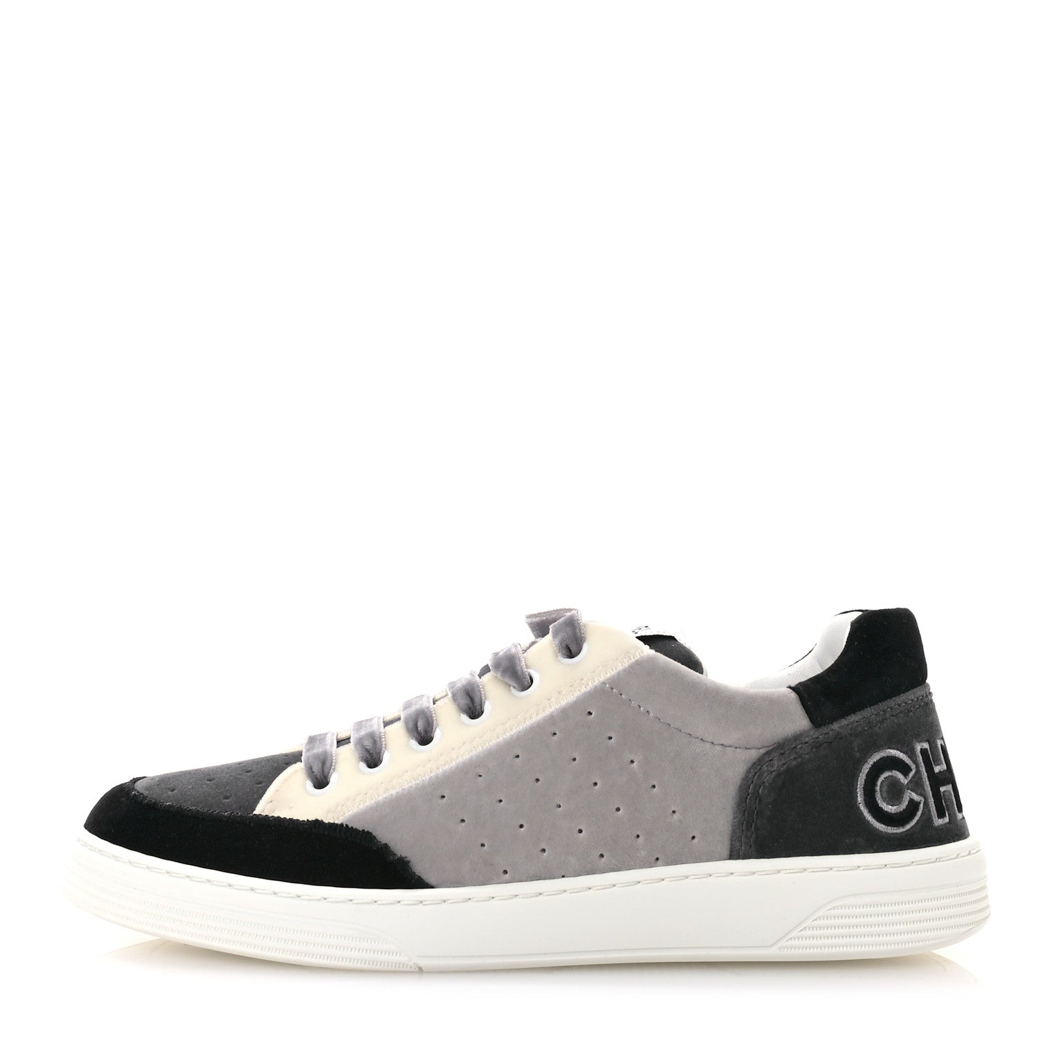 Chanel Velvet Womens Logo Sneakers 40 White Black Grey 1 of 9