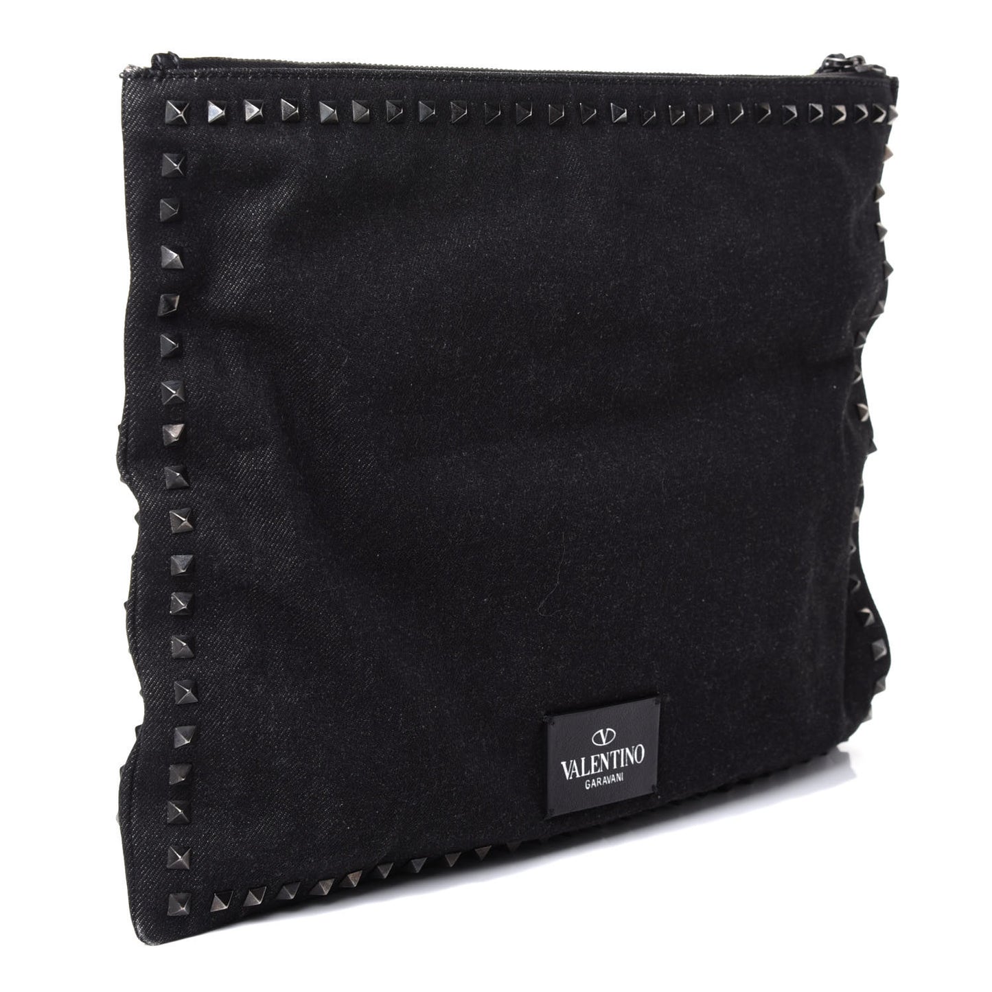 Denim Oversized Rockstud Zip Wristlet Pouch Black Jet