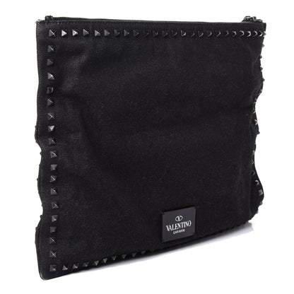 Valentino Garavani Denim Oversized Rockstud Zip Wristlet Pouch Black Jet 2 of 4