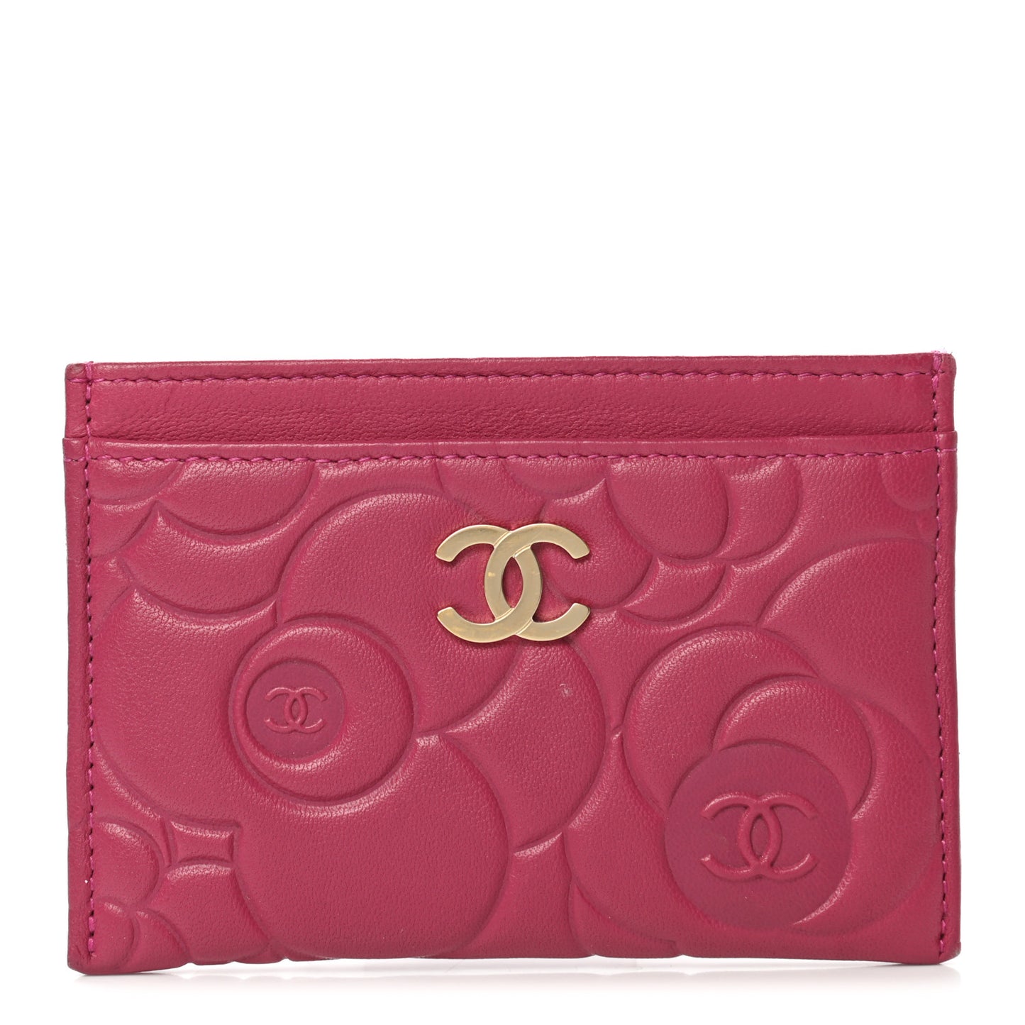 Lambskin Camellia Embossed Card Holder Fuchsia