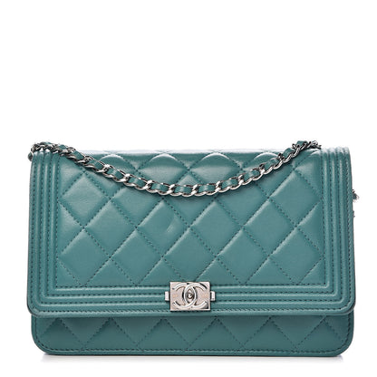 Chanel Lambskin Quilted Boy Wallet On Chain WOC Turquoise 1 of 13