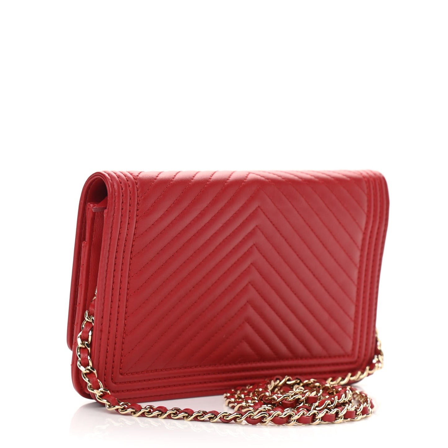 Calfskin Chevron Quilted Boy Wallet On Chain WOC Red