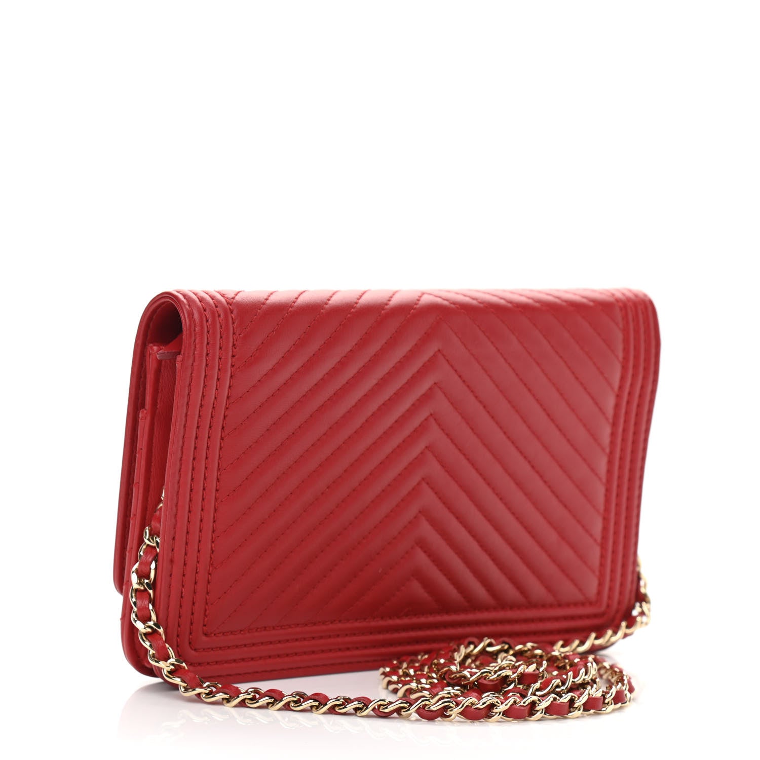 Chanel Calfskin Chevron Quilted Boy Wallet On Chain WOC Red 4 of 13