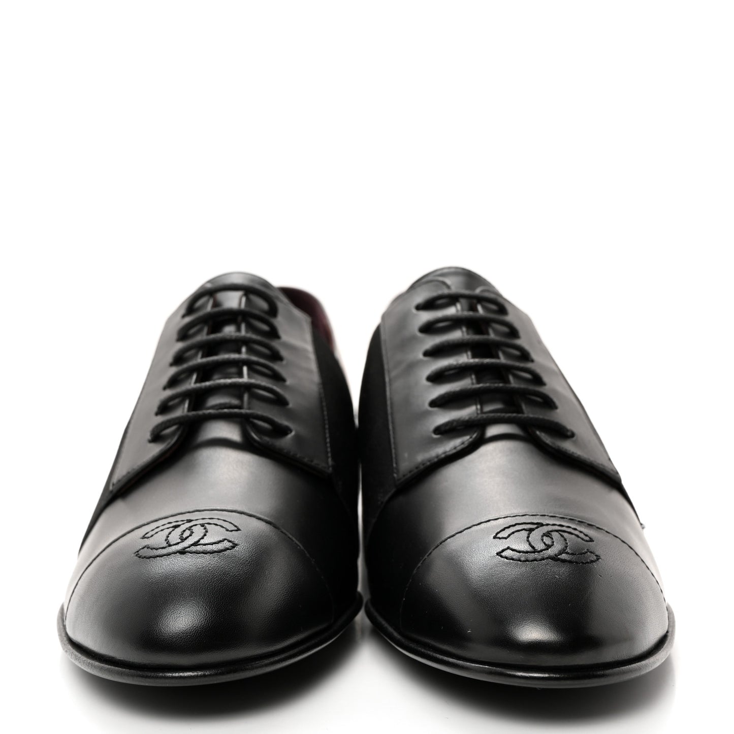 Calfskin Elastic Lace Up Cap Toe CC Loafers 38 Black
