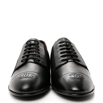 Chanel Calfskin Elastic Lace Up Cap Toe CC Loafers 38 Black 2 of 8