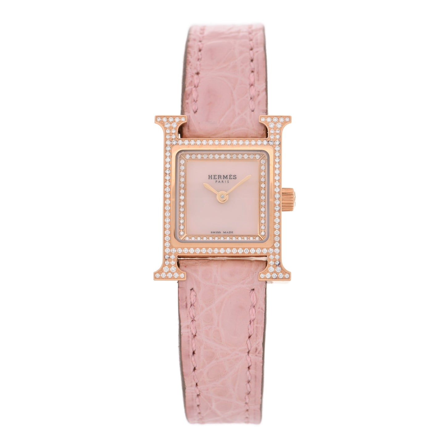 18K Rose Gold Alligator Diamond Bezel Rose Opal 17.2mm Heure H Hour Quartz Watch Rose Pale