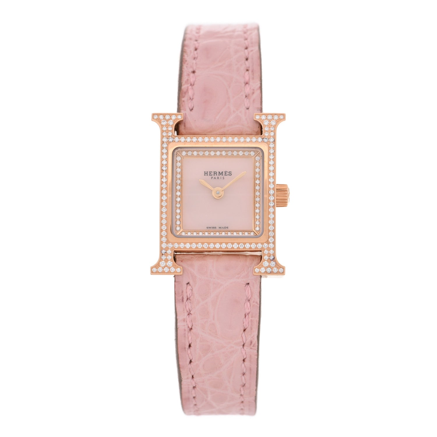 Hermes 18K Rose Gold Alligator Diamond Bezel Rose Opal 17.2mm Heure H Hour Quartz Watch Rose Pale 1 of 5