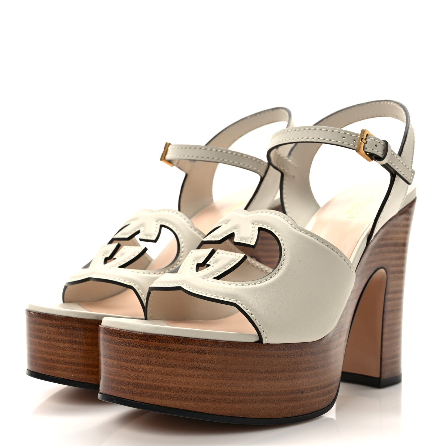 Cosmos Softy Calfskin Wooden Interlocking G Cut-Out 30/120mm Platform Sandals 39 Mystic White