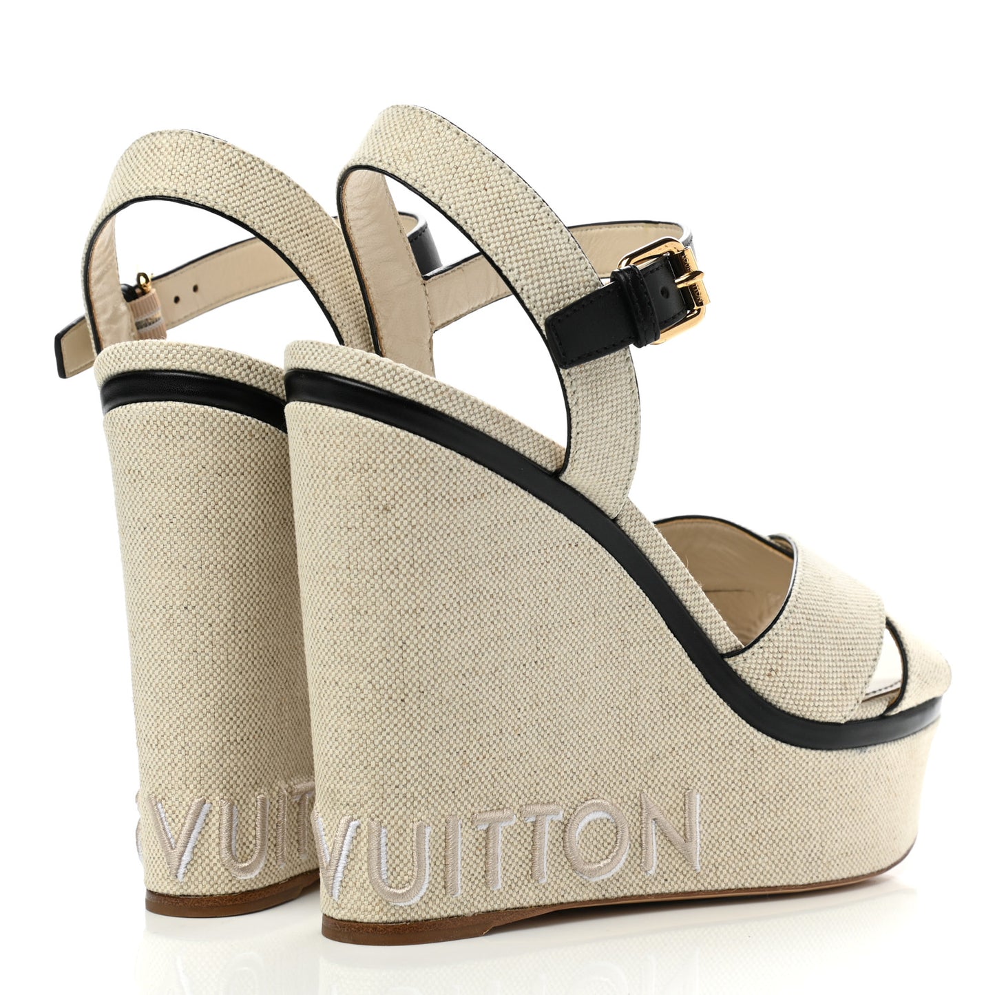 Canvas Calfskin Postcard Wedge Sandals 41 Ecru