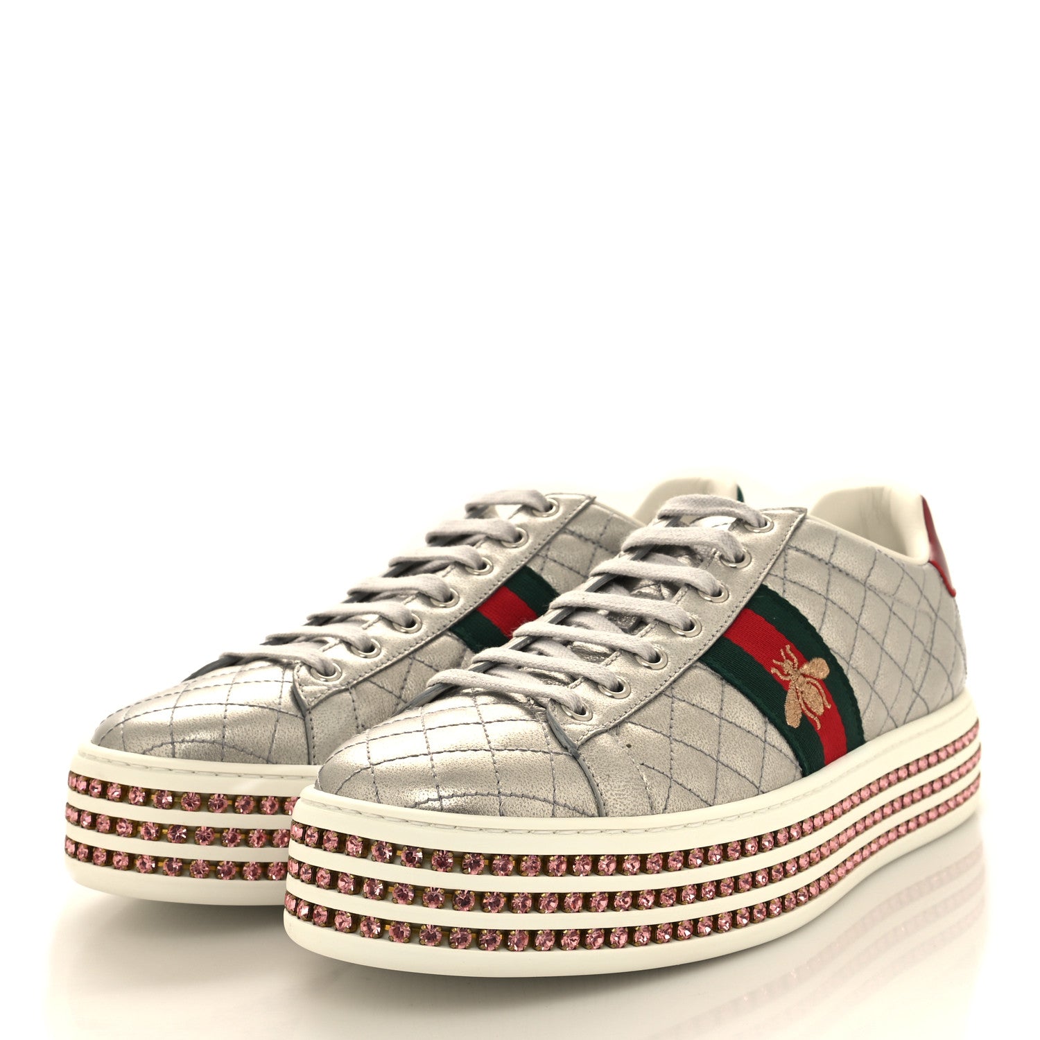 Gucci Laminated Nappa Crystal Web Bee Embroidered Trapuntata Womens Ace Platform Sneakers 41 Argento 3 of 8