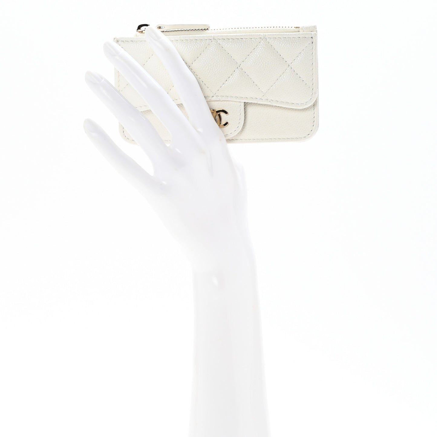 Caviar Quilted Flap Zip Card Holder White