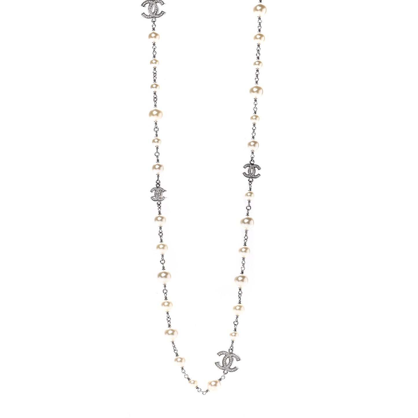 Graduated Pearl Crystal CC Long Necklace Silver