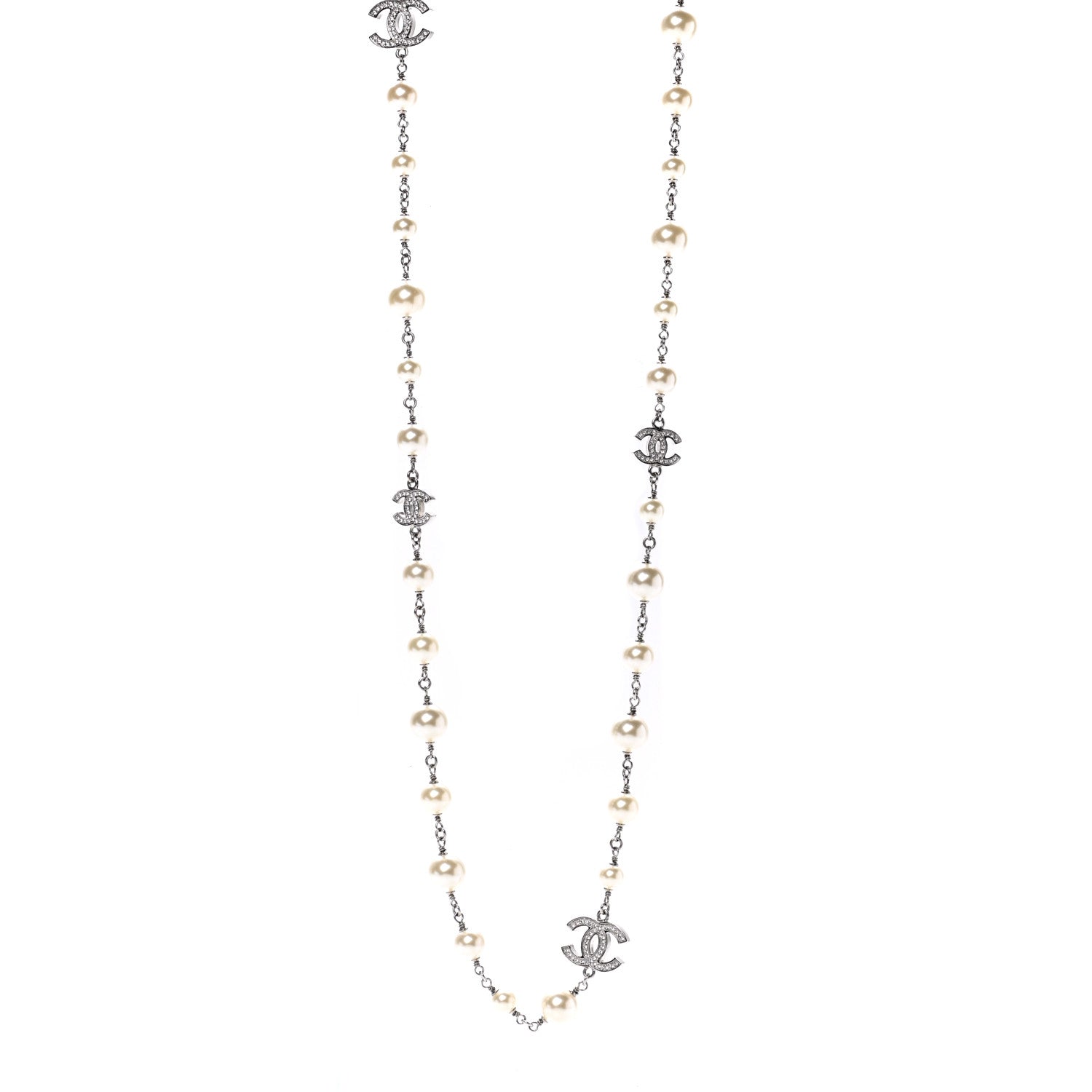 Chanel Graduated Pearl Crystal CC Long Necklace Silver 1 of 7