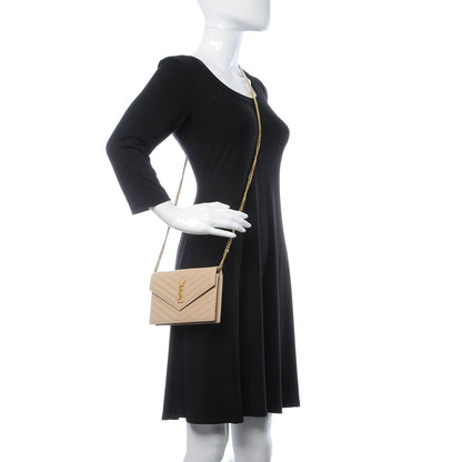 Saint Laurent Grain De Poudre Matelasse Chevron Monogram Envelope Chain Wallet Nude Powder 2 of 10