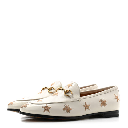 Gucci Goatskin Bee Star Embroidered Womens Jordaan Loafers 37.5 Mystic White 3 of 9