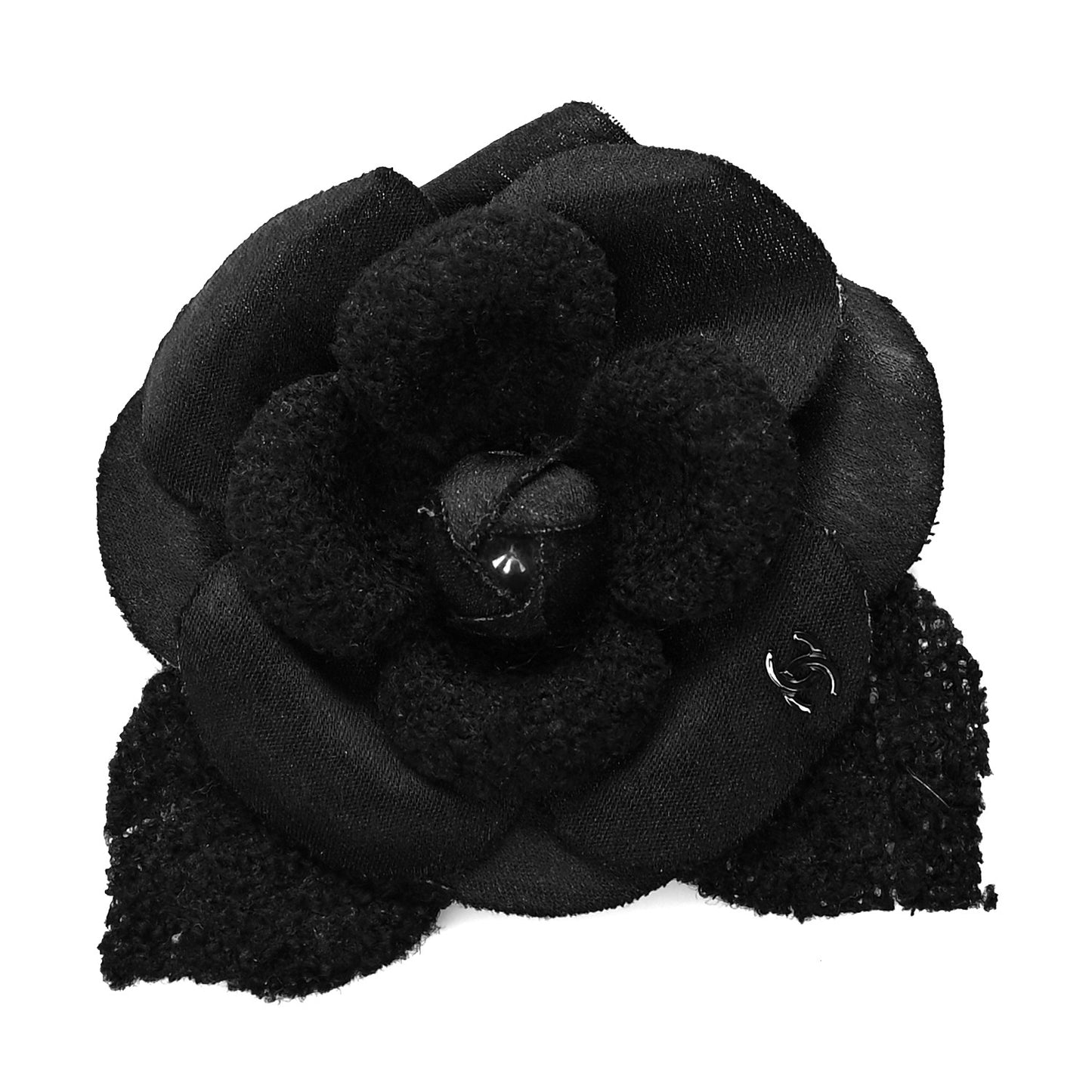 Tweed Fabric Camellia Pin Brooch Black