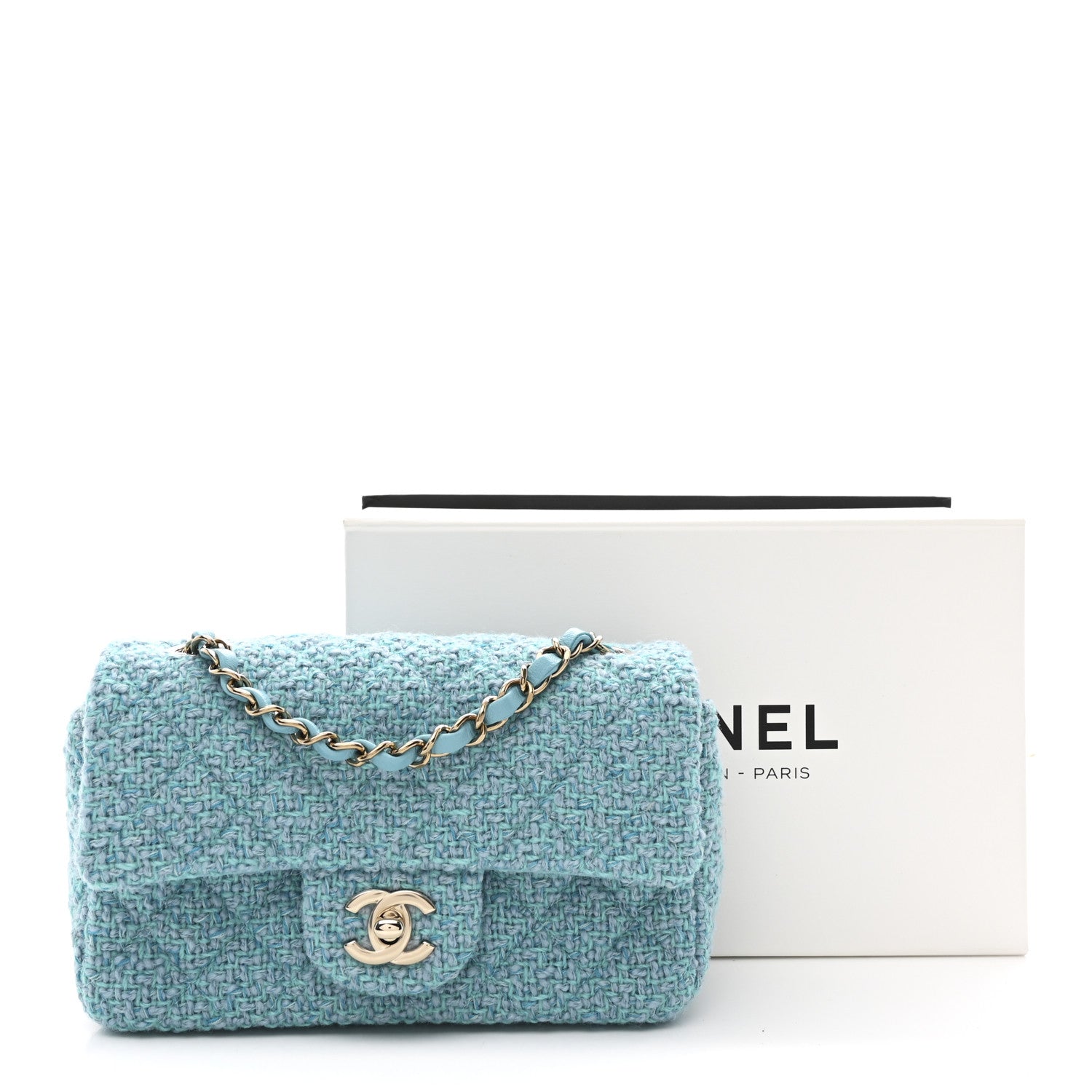 Chanel Wool Tweed Quilted Mini Rectangular Flap Turquoise Light