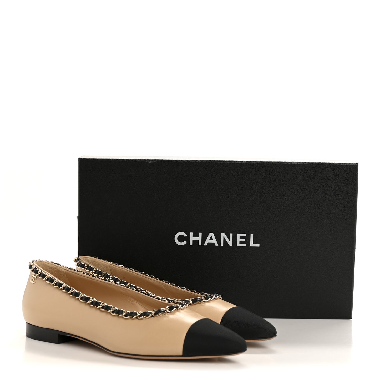 Lambskin Grosgrain Chain Cap Toe Flats 35.5 Beige Black