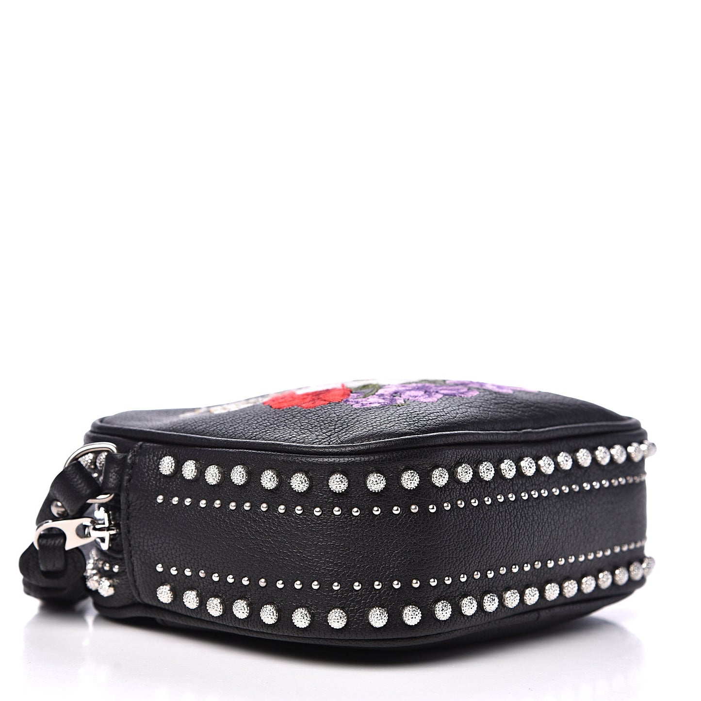 Calfskin Studded Embroidered Mini Camera Bag Black